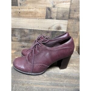 Clarks Collection Burgundy Leather Lace Up Oxford Block Heels 26128938 Size 7.5
